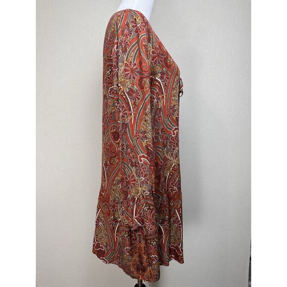 Love 21 Paisley Dress Women’s Size S Orange Brown Red Long Sleeve Boho Chic Fall - Picture 5 of 16